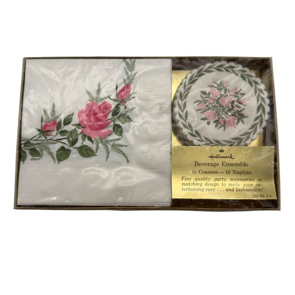 Vtg Hallmark Beverage Ensemble Coasters & Napkins Set Pink Rose Floral NIB - Picture 2 of 10